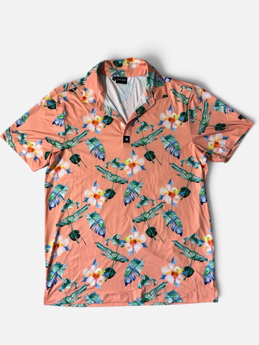 Bad Birdie mens M Medium peach floral performance golf polo shirt EUC